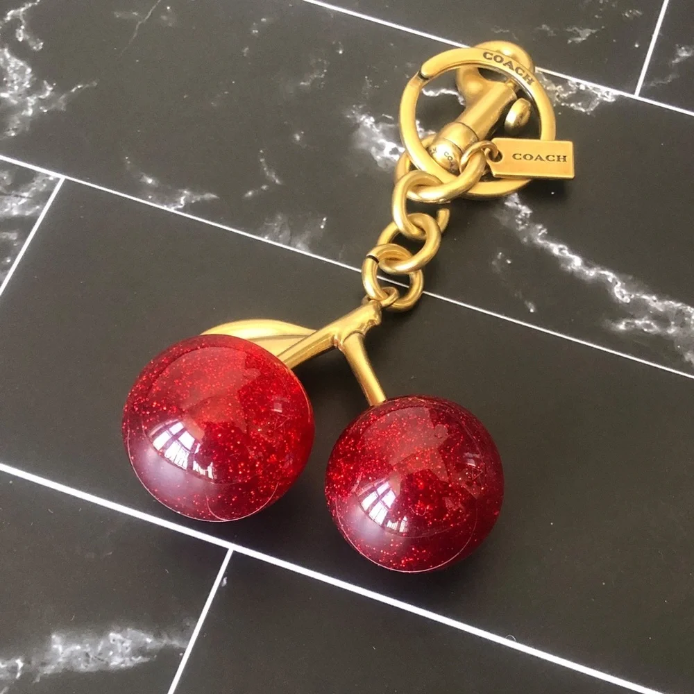 Coach Gold-Tone Cherry Keychain with Red Glitter Cherries - Picture 4 of 4